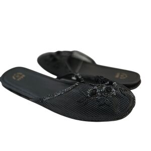 Black Embroidered Mesh Bead Floral Slip-On Slippers Shoes Sandals Women Size 11